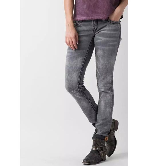 Rock Revival Jen Straight Jeans Womens Size 29  Black Wash Mid Rise Slim Fit - Picture 2 of 13